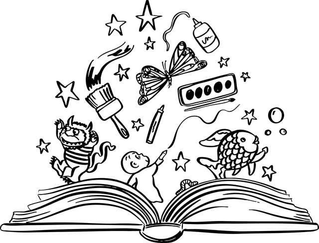 An open storybook with art supplies, characters, and stars bursting from the pages